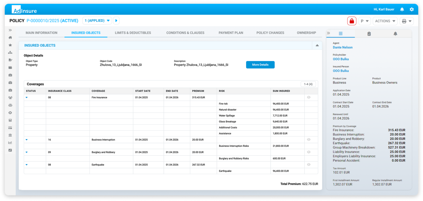 screenshot of AdInsure Policy Administration